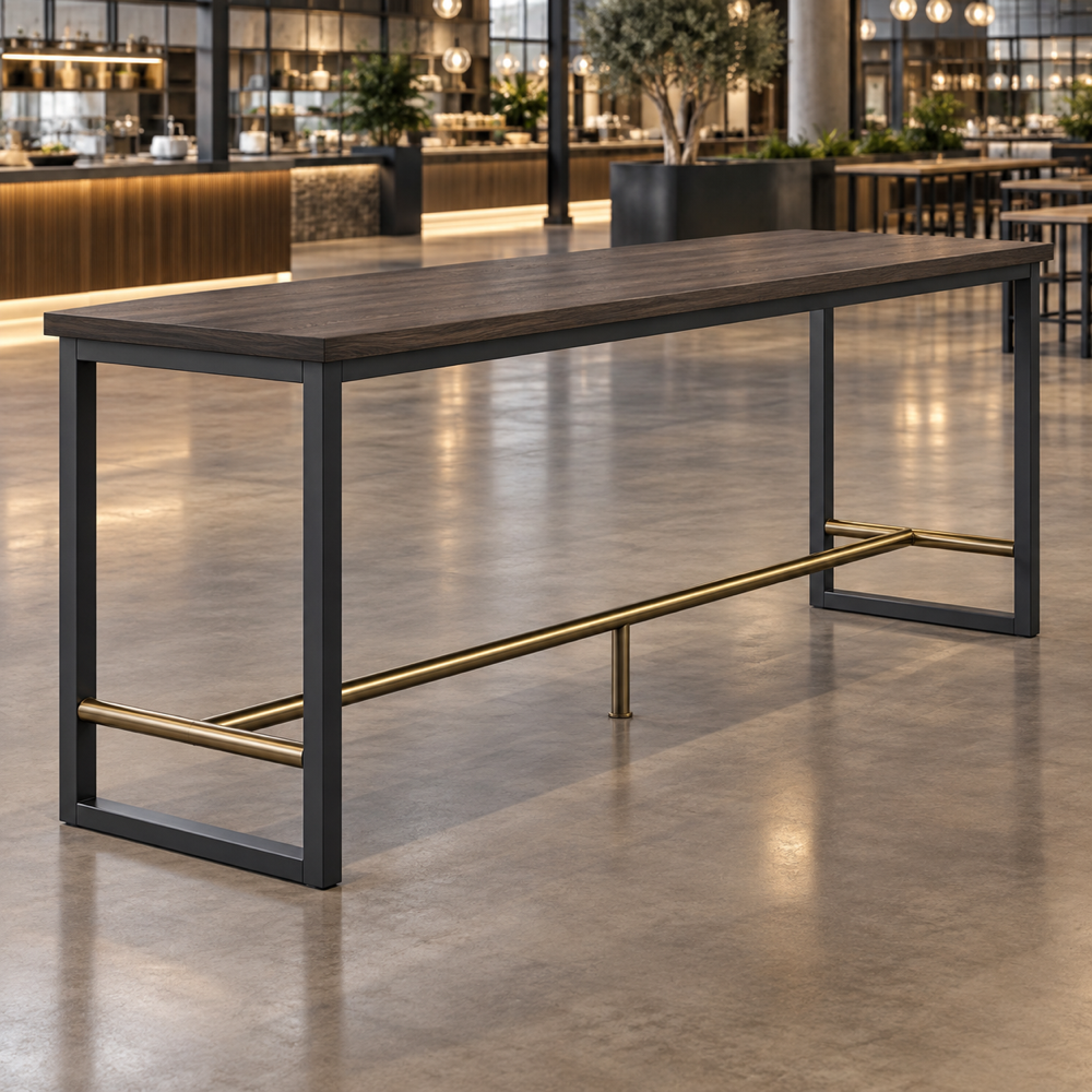 Illustrative AI concept, not manufacturer product photography. Generic counter-height communal table with dark oak top and brass foot rail.