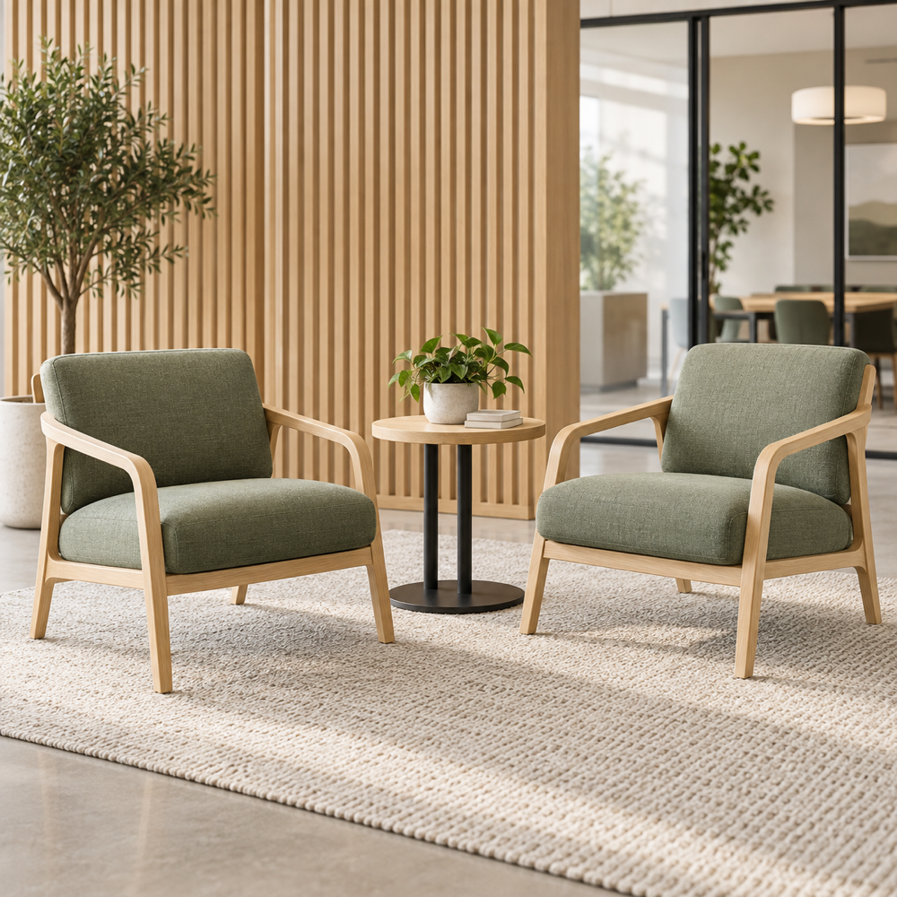 Illustrative AI concept, not manufacturer product photography. Unbranded wood-frame commercial lounge chairs with an occasional table.
