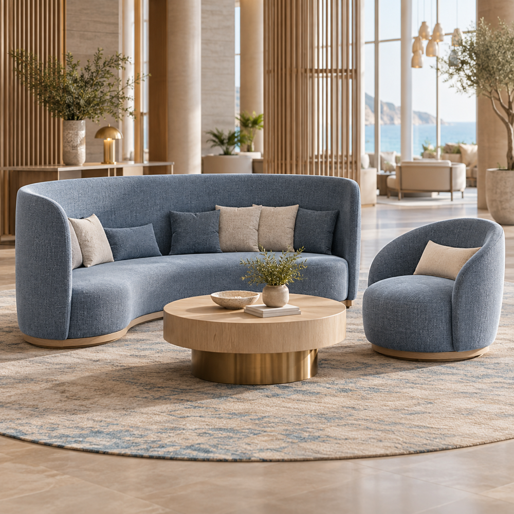Illustrative AI concept, not manufacturer product photography. Unbranded curved high-back hospitality sofa and rounded lounge chair.