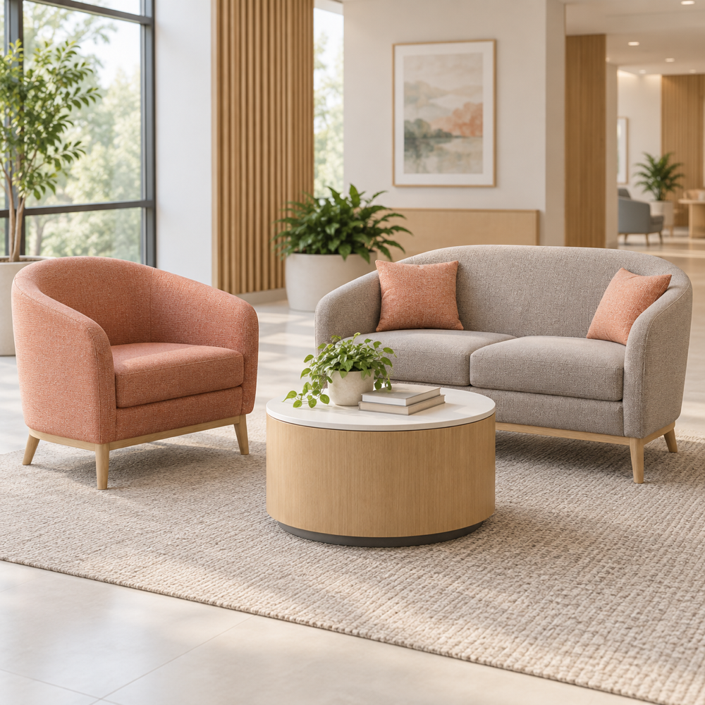 Illustrative AI concept, not manufacturer product photography. Unbranded rounded lounge chair, loveseat and occasional table.