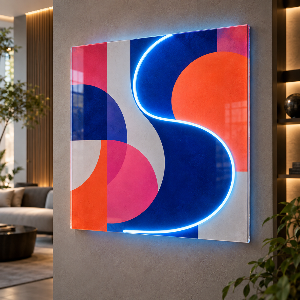 Abstract UV printed artwork on clear acrylic with a cool white LED neon contour in a modern interior