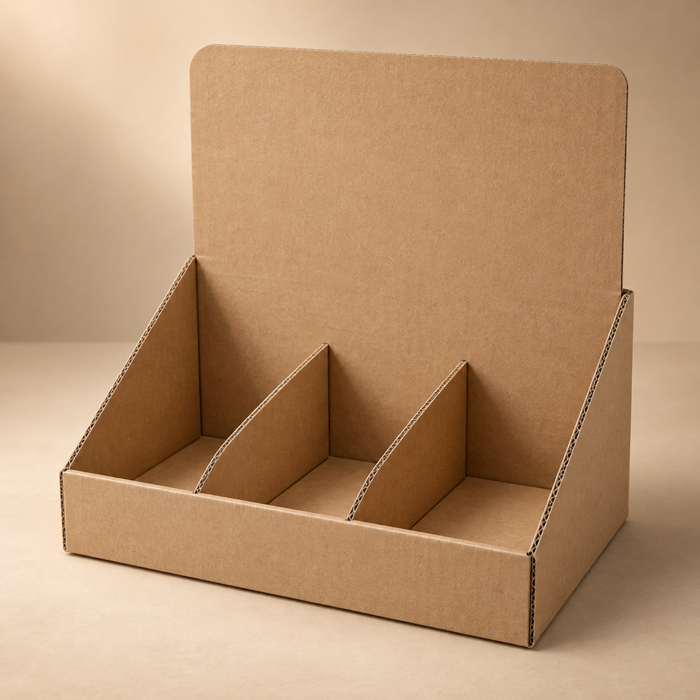 Illustrative AI concept of custom retail display packaging, blank and unbranded