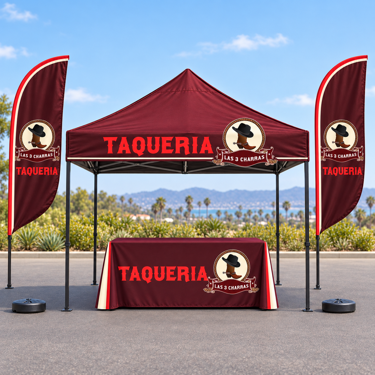 Las 3 Charras Complete Event Booth Kit | Tent + Flags + Table Cover. AI-generated Las 3 Charras branding mockup, not print-ready artwork.
