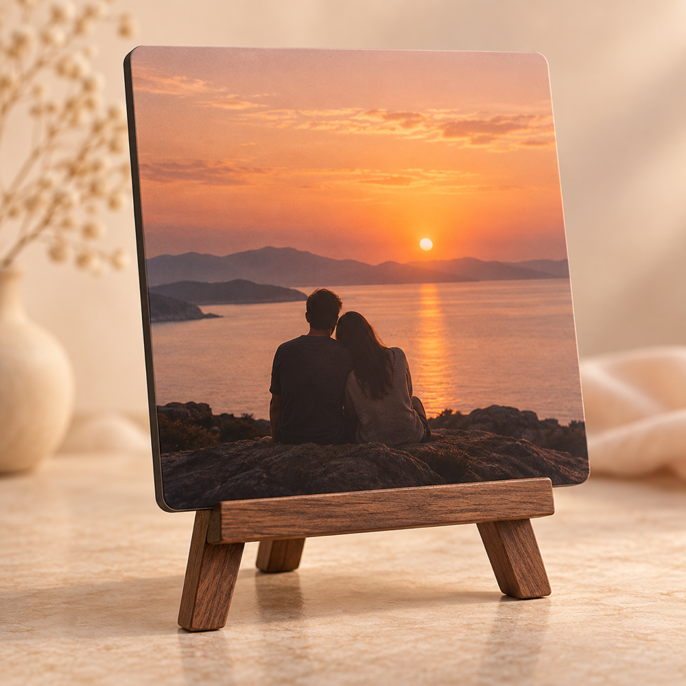 Thin personalized romantic photo plaque on a separate tabletop mini-easel, shown with an anonymous sunset couple image
