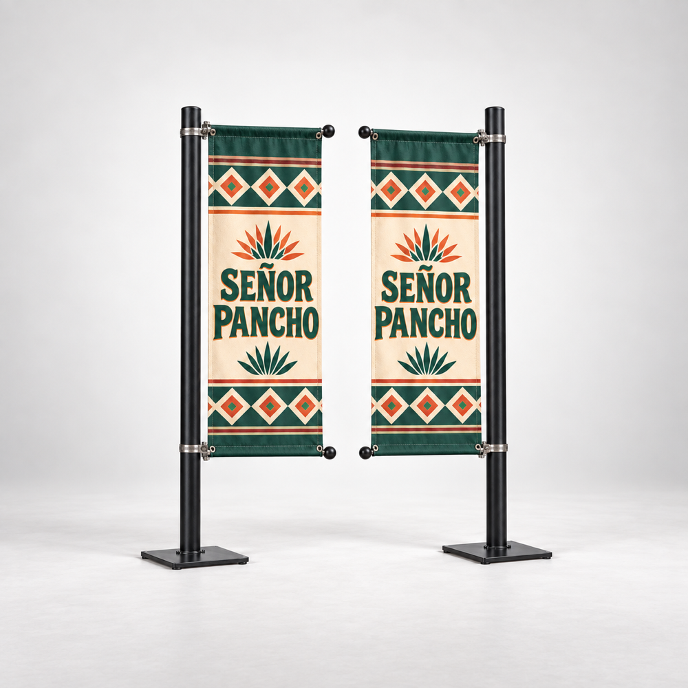 Señor Pancho Street Pole Banner Set | 2 Banners + Mounting Kits. AI-generated branded product mockup, square 1000 x 1000.