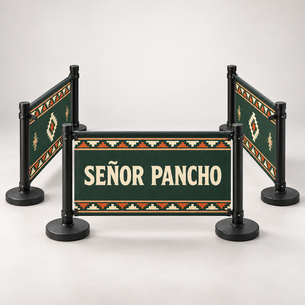 Señor Pancho Café Barrier Set | 3 Branded Panels. AI-generated branded product mockup, square 1000 x 1000.