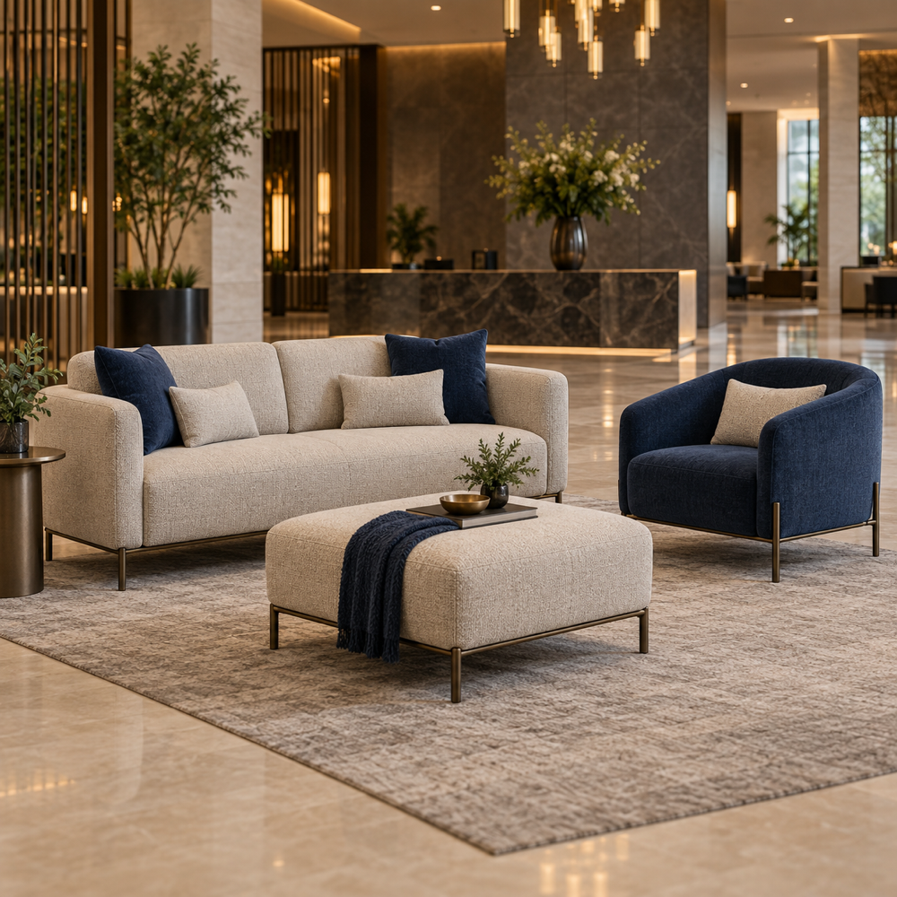 Illustrative AI concept, not manufacturer product photography. Generic coordinated hotel lounge seating arrangement with sofa, chair and ottoman.