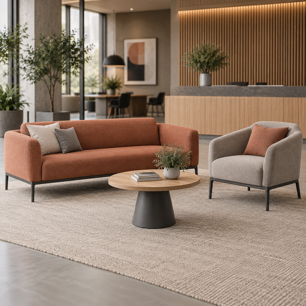 Illustrative AI concept, not manufacturer product photography. Unbranded modular commercial lounge family with sofa, chair and table.