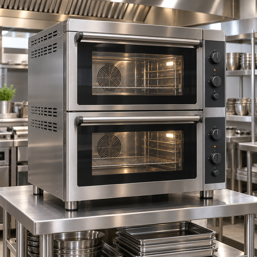 Illustrative AI concept, not manufacturer product photography. Unbranded two-chamber commercial multi-cook combi oven.