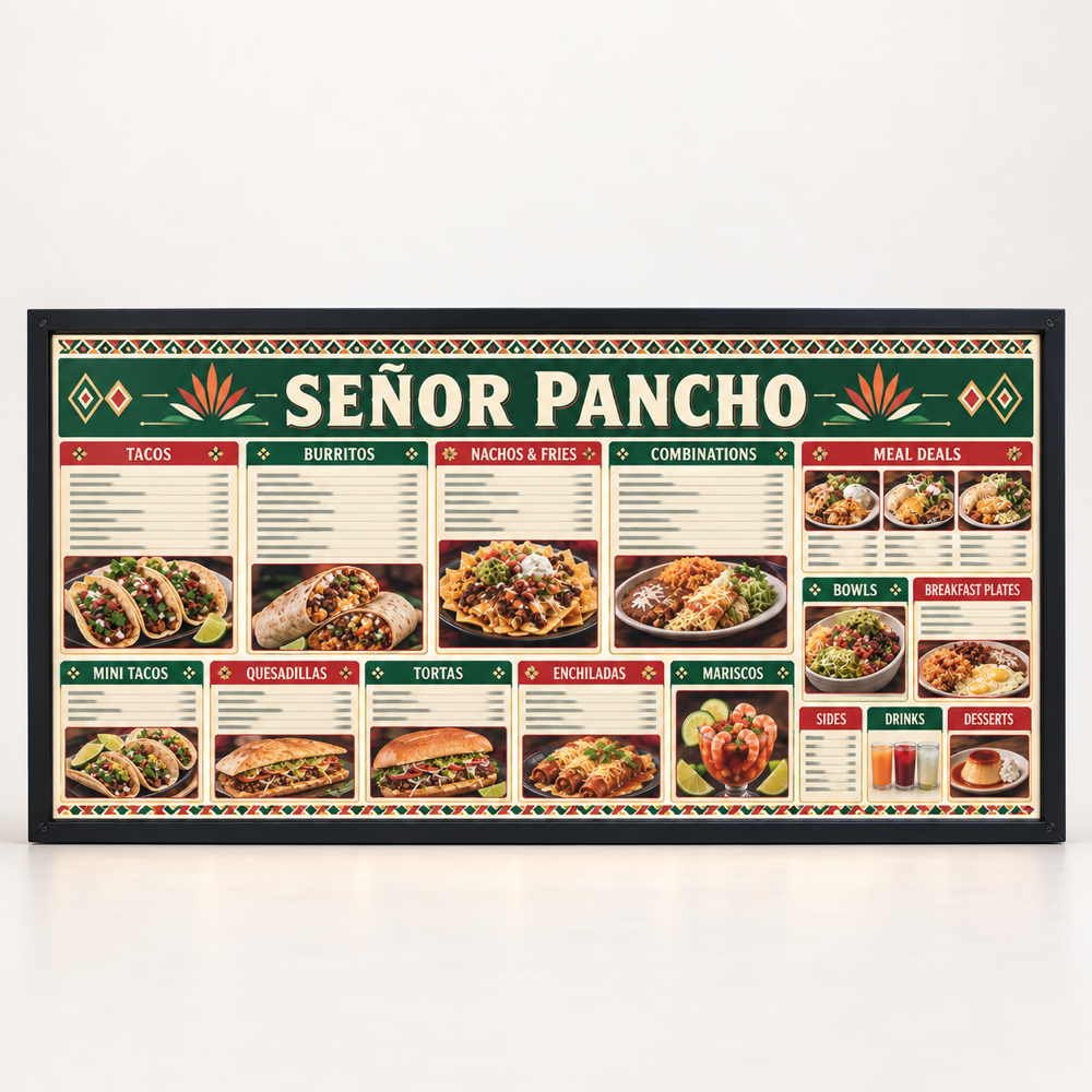 Señor Pancho Outdoor LED Menu Board | 48 × 96 in. AI-generated branded product mockup, square 1000 x 1000.