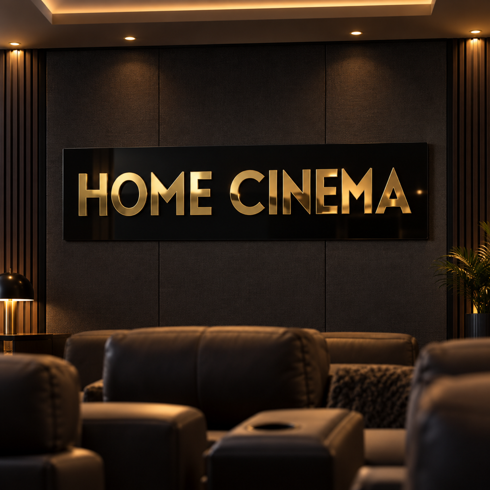 Unlit black and mirror-gold acrylic wall sign with generic home cinema wording in a screening room