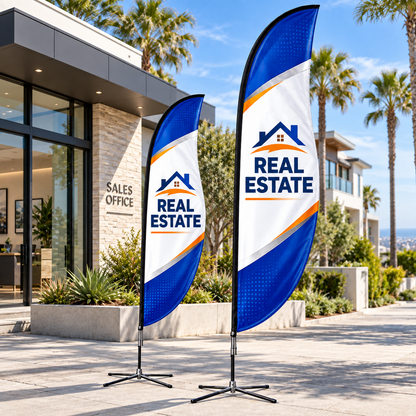 Illustrative real estate custom blade-flag mockup; final artwork and configuration are confirmed before production.