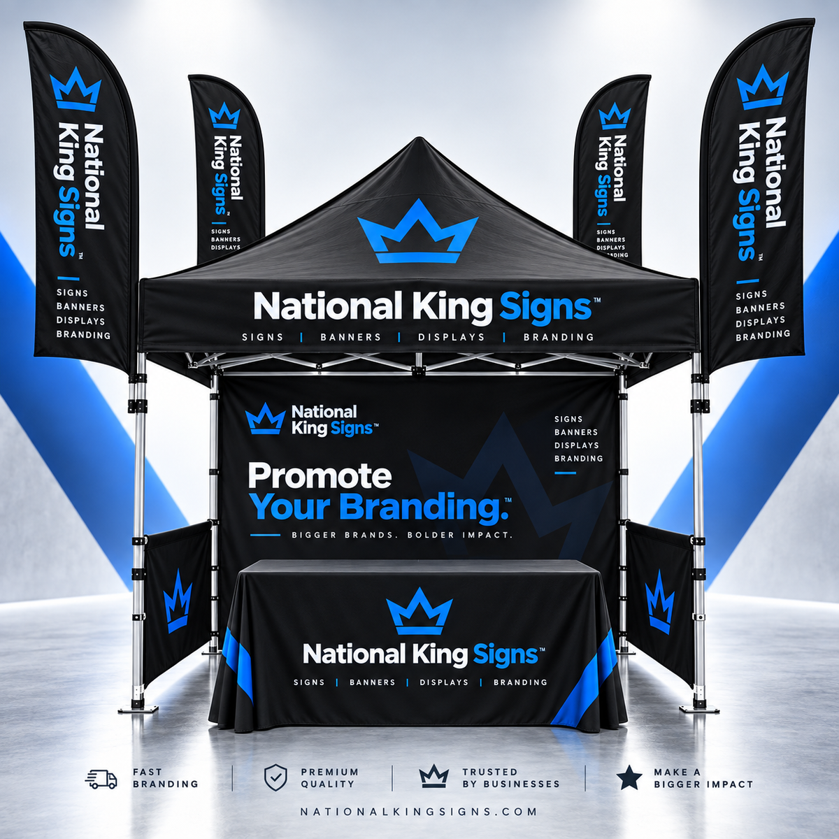 Print Solution Plus 10x10 custom tent package branding mockup in black, blue and white, with four feather flags, a back wall, half walls and a table cover.