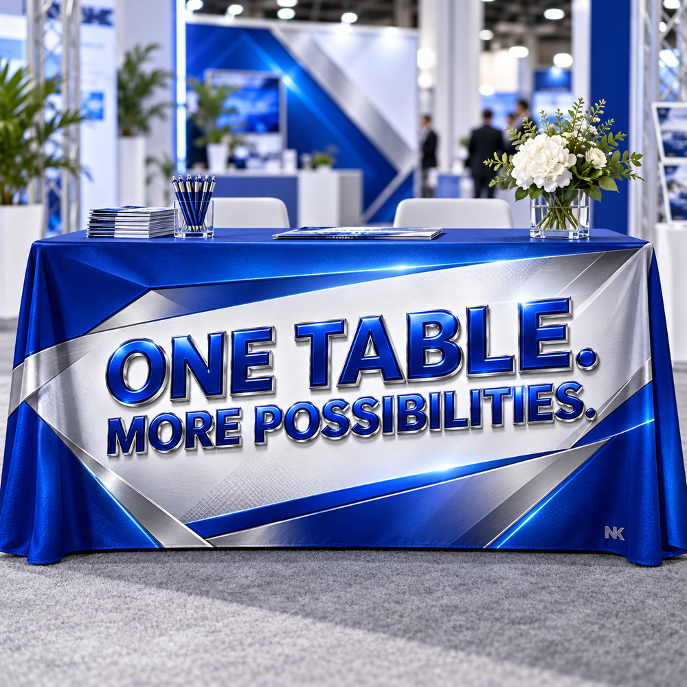 Illustrative design example for Convertible Table Cloth, shown in its draped configuration: One Table, More Possibilities. Blue and silver printed 3D effect. Table and props not included; see original photos for conversion.