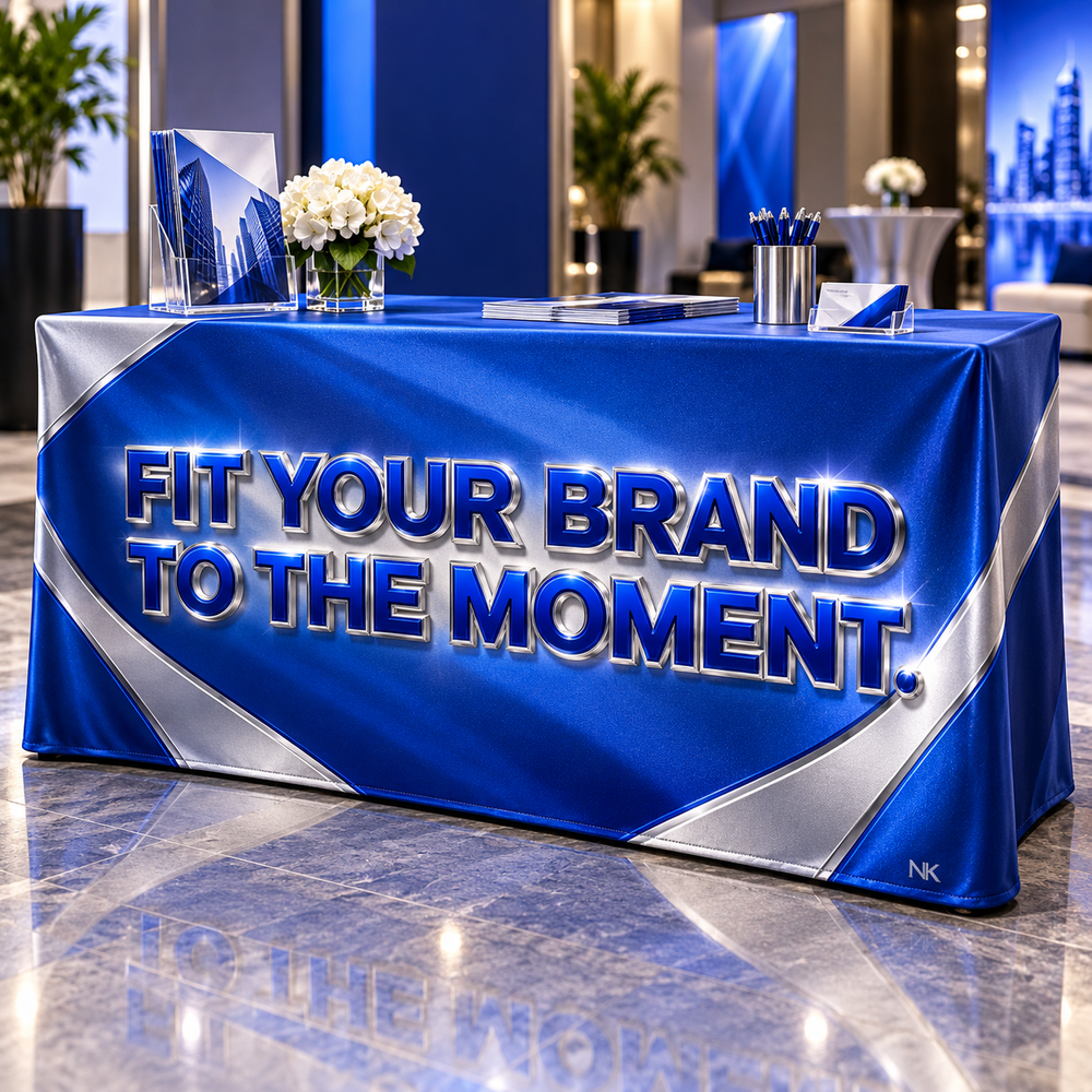 Illustrative custom fitted table cover with Fit Your Brand to the Moment artwork in blue and silver. The 3D effect is part of the printed design. Table and decorative props not included.