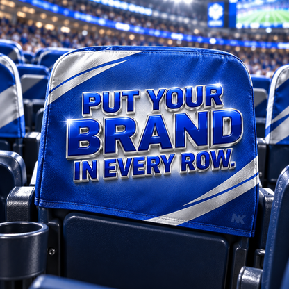 Illustrative Stadium Seat Back Chair Cover customization: Put Your Brand in Every Row. Blue and silver printed 3D-effect artwork on a backrest sleeve. Stadium seat and surrounding venue not included.
