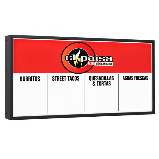 El Paisa Outdoor LED Menu Board | 48 × 96 in. AI-generated branding mockup; final proof approved before production.