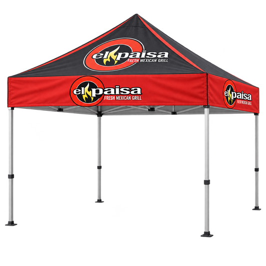 El Paisa Branded Canopy Tent | 10 × 10 ft. AI-generated branding mockup; final proof approved before production.