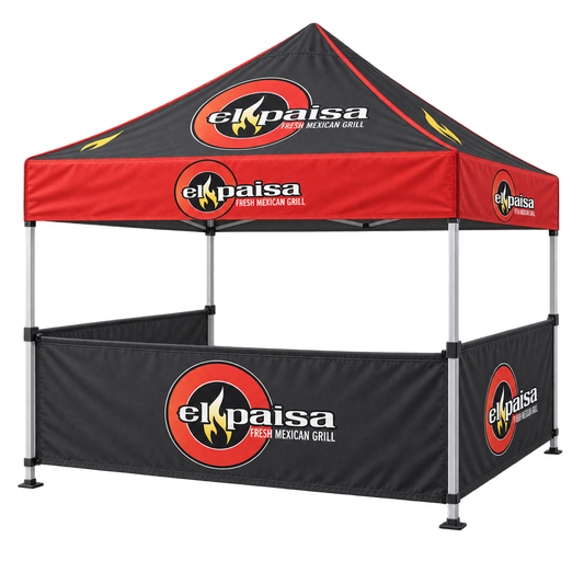 El Paisa Food Booth with Half Walls | 10 × 10 ft. AI-generated branding mockup; final proof approved before production.
