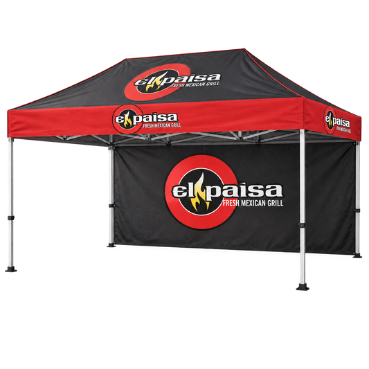 El Paisa Canopy with Full Back Wall | 10 × 15 ft. AI-generated branding mockup; final proof approved before production.