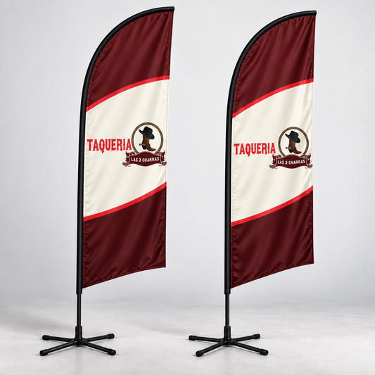 Las 3 Charras Feather Flag Set | 2 Double-Sided Flags. AI-generated Las 3 Charras branding mockup, not print-ready artwork.