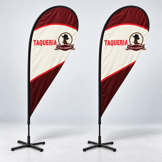 Las 3 Charras Teardrop Flag Set | 2 Double-Sided Flags. AI-generated Las 3 Charras branding mockup, not print-ready artwork.