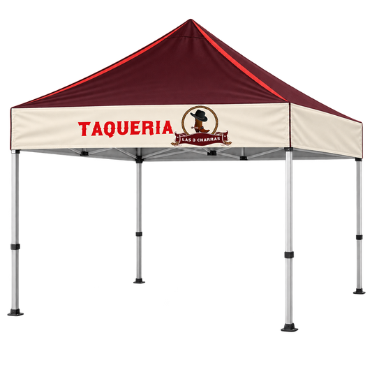 Las 3 Charras Branded Canopy Tent | 10 × 10 ft. AI-generated Las 3 Charras branding mockup, not print-ready artwork.