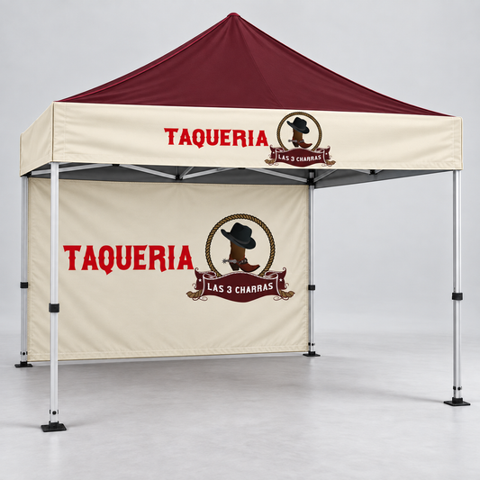 Las 3 Charras Canopy with Full Back Wall | 10 × 10 ft. AI-generated Las 3 Charras branding mockup, not print-ready artwork.