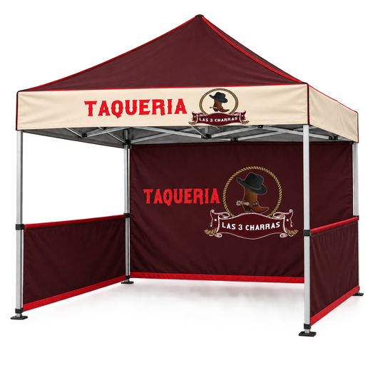 Las 3 Charras Food Booth with Half Walls | 10 × 10 ft. AI-generated Las 3 Charras branding mockup, not print-ready artwork.