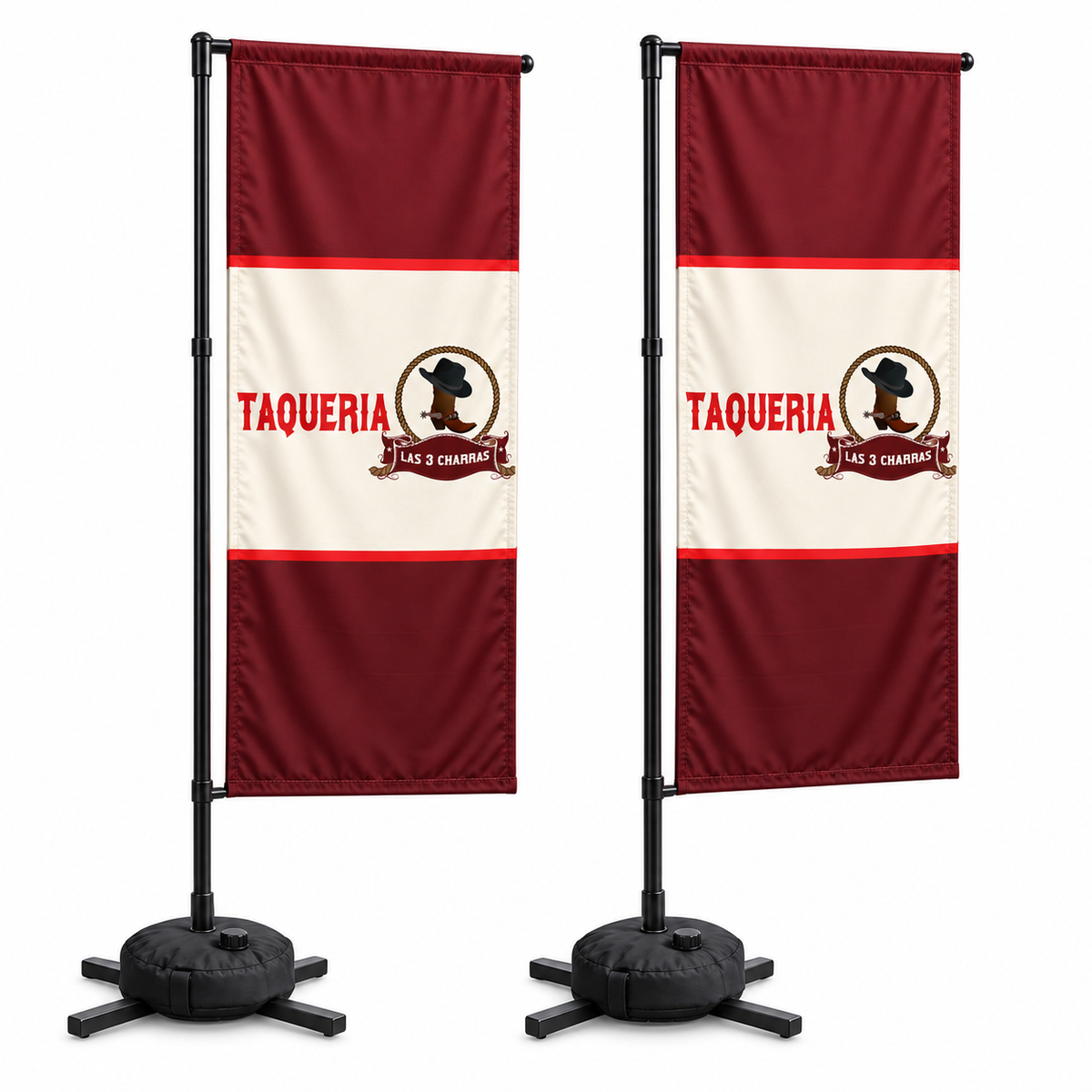 Las 3 Charras Rectangular Flag Set | 2 Double-Sided Flags. AI-generated Las 3 Charras branding mockup, not print-ready artwork.