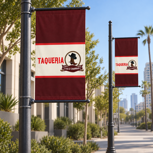 Las 3 Charras Street Pole Banner Set | 2 Banners + Mounting Kits. AI-generated Las 3 Charras branding mockup, not print-ready artwork.