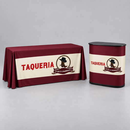 Las 3 Charras Table Cover + Portable Counter Kit. AI-generated Las 3 Charras branding mockup, not print-ready artwork.