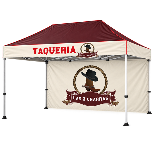 Las 3 Charras Canopy with Full Back Wall | 10 × 15 ft. AI-generated Las 3 Charras branding mockup, not print-ready artwork.