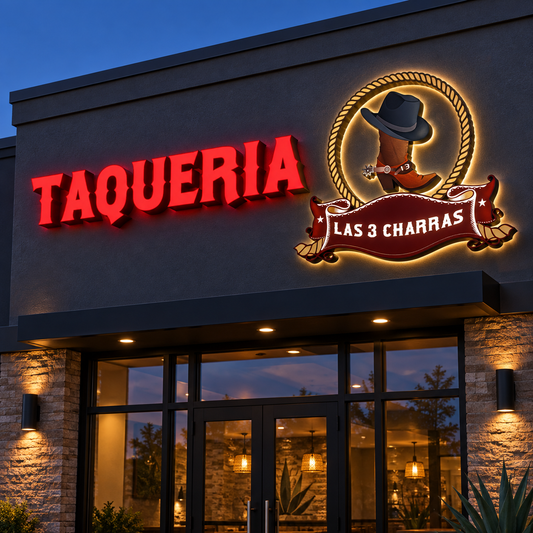 Las 3 Charras illuminated TAQUERIA channel letters and matching logo sign above a restaurant entrance. AI-generated concept mockup, not a fabrication drawing.