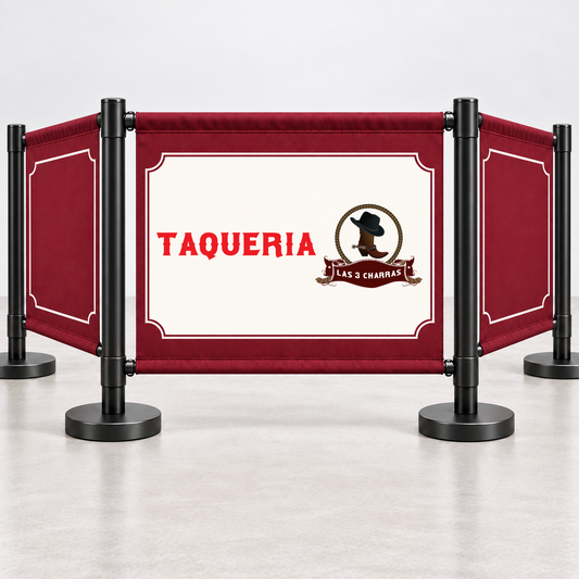 Three burgundy Las 3 Charras café barrier modules, with the original supplied logo printed once on the center panel. Concept mockup.