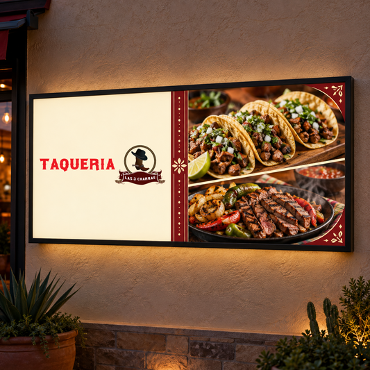 Las 3 Charras 96 × 48 in outdoor LED menu board, horizontal illuminated cabinet with original logo and illustrative food imagery. Artwork mockup; final menu design requires approval.