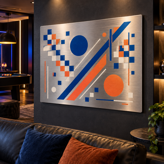 Original abstract arcade and game room artwork displayed on a brushed metal wall sign