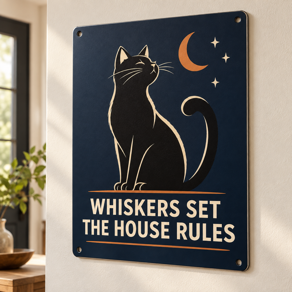Original navy cat-lover metal wall sign with black cat artwork and the phrase Whiskers Set the House Rules