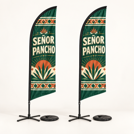 Señor Pancho Feather Flag Set | 2 Double-Sided Flags. AI-generated branded product mockup, square 1000 x 1000.