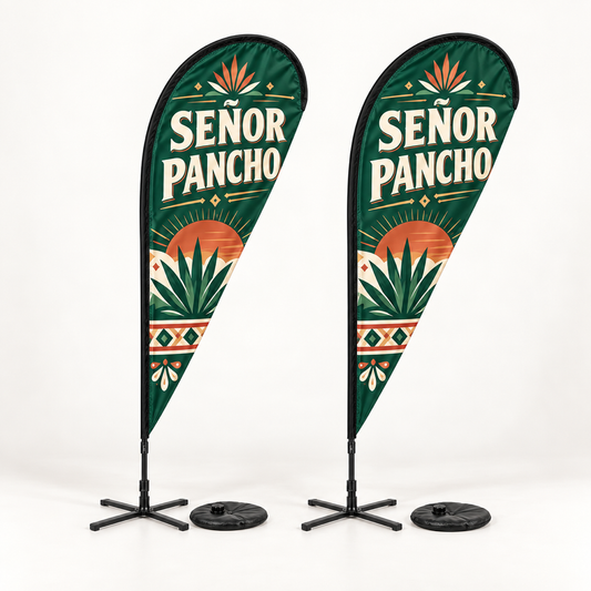 Señor Pancho Teardrop Flag Set | 2 Double-Sided Flags. AI-generated branded product mockup, square 1000 x 1000.