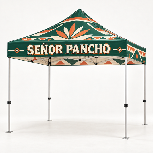 Señor Pancho Branded Canopy Tent | 10 × 10 ft. AI-generated branded product mockup, square 1000 x 1000.