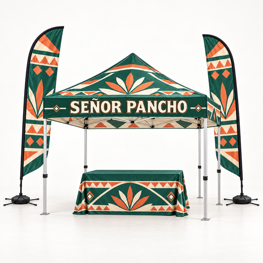 Señor Pancho Complete Event Booth Kit | Tent + Flags + Table Cover. AI-generated branded product mockup, square 1000 x 1000.