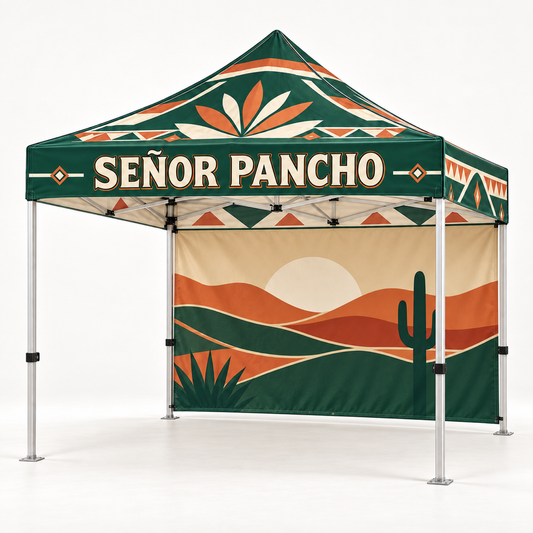 Señor Pancho Canopy with Full Back Wall | 10 × 10 ft. AI-generated branded product mockup, square 1000 x 1000.