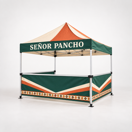Señor Pancho Food Booth with Half Walls | 10 × 10 ft. AI-generated branded product mockup, square 1000 x 1000.