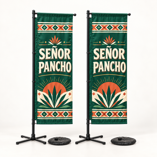 Señor Pancho Rectangular Flag Set | 2 Double-Sided Flags. AI-generated branded product mockup, square 1000 x 1000.