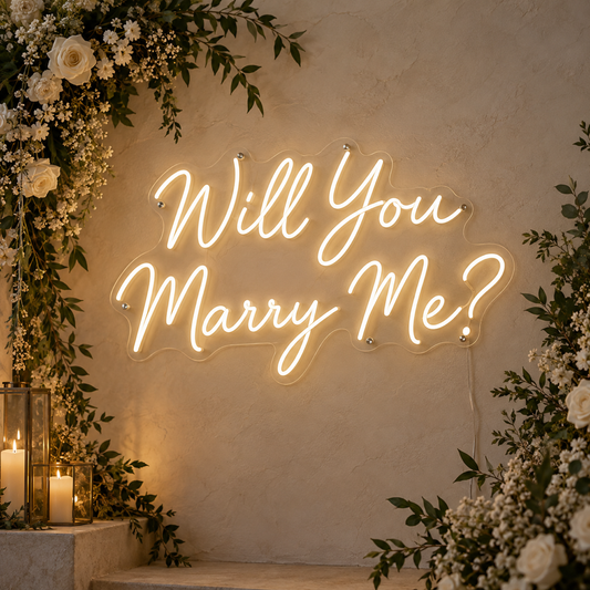 Will You Marry Me? LED Neon Sign shown in a styled use setting