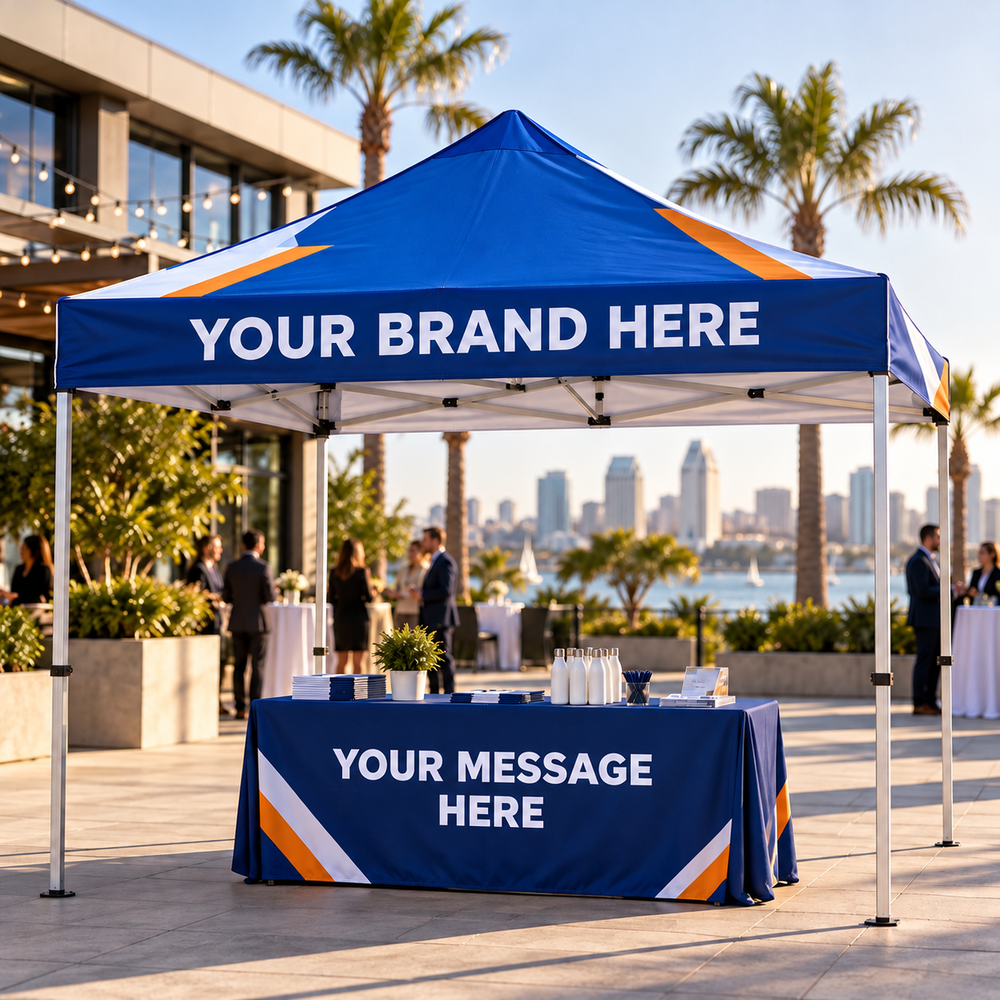 White label pop-up canopy and matching table cover printed with YOUR BRAND HERE and YOUR MESSAGE HERE.